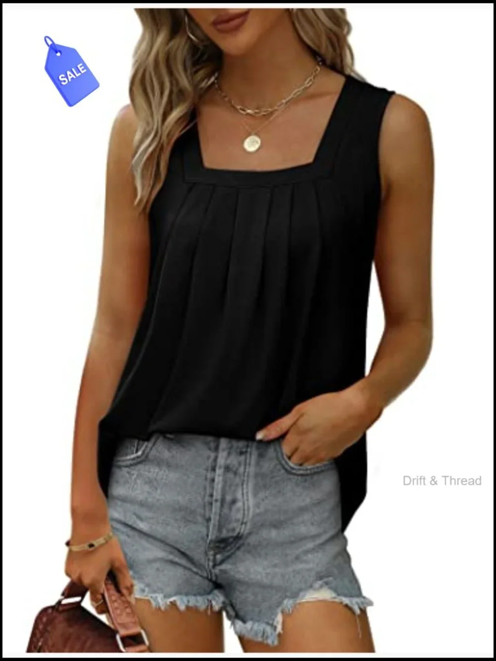 Women's Loose Fit Square Neck Tank Top Pleated Curved Hem Summer